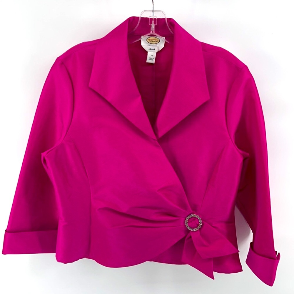 Talbots fuchsia pink pullover wrap shirt blouse 14 EUC rhinestones lapel top